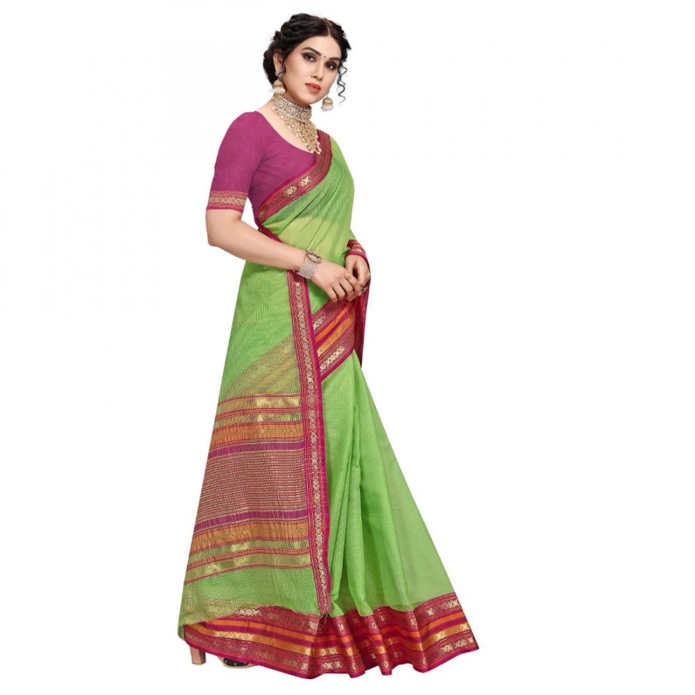 Snuggle Spot Women's Kota Doria Cotton Bordered Saree With Blouse (Light Green, 5-6 Mtrs)