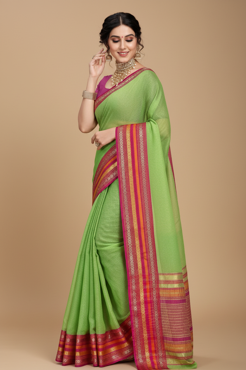 Snuggle Spot Women's Kota Doria Cotton Bordered Saree With Blouse (Light Green, 5-6 Mtrs)