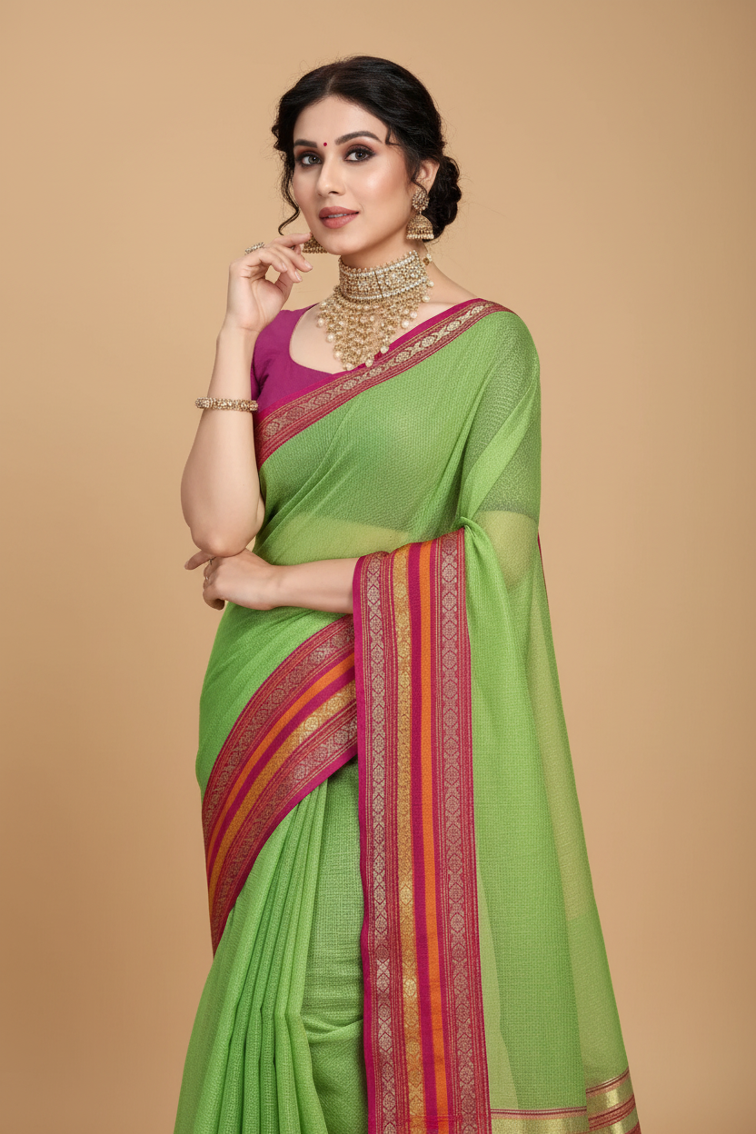 Snuggle Spot Women's Kota Doria Cotton Bordered Saree With Blouse (Light Green, 5-6 Mtrs)