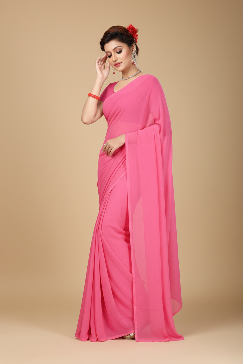 Snuggle Spot Women's Georgette Plain Saree With Blouse (Pink, 5-6 Mtrs)