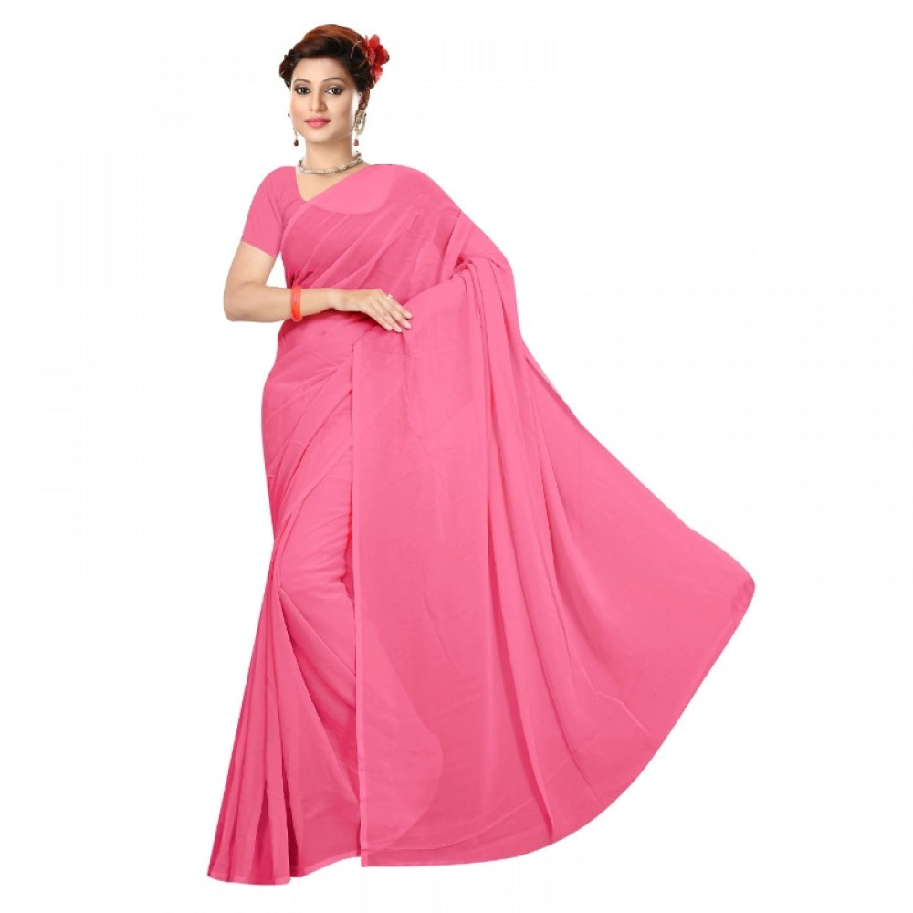 Snuggle Spot Women's Georgette Plain Saree With Blouse (Pink, 5-6 Mtrs)