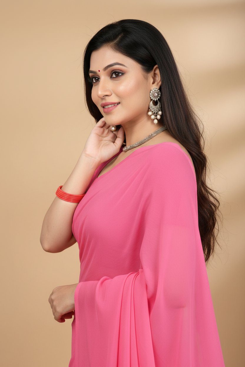 Snuggle Spot Women's Georgette Plain Saree With Blouse (Pink, 5-6 Mtrs)