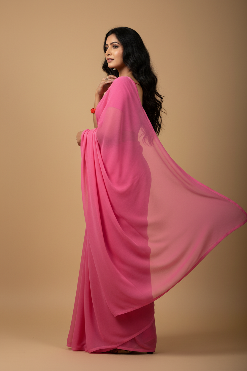 Snuggle Spot Women's Georgette Plain Saree With Blouse (Pink, 5-6 Mtrs)
