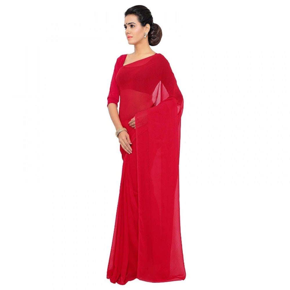 Snuggle Spot Women's Georgette Plain Saree With Blouse (Red, 5-6 Mtrs)
