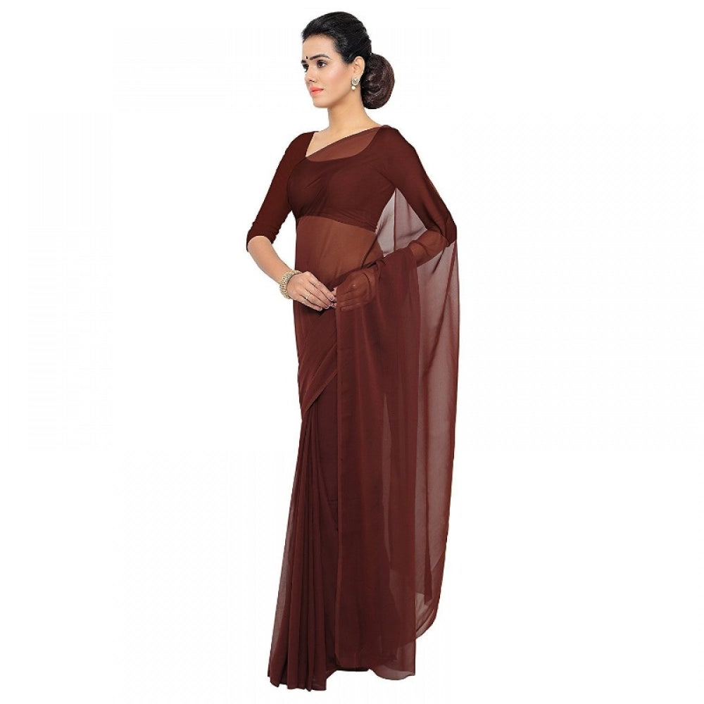 Snuggle Spot Women's Georgette Plain Saree With Blouse (Coffee, 5-6 Mtrs)