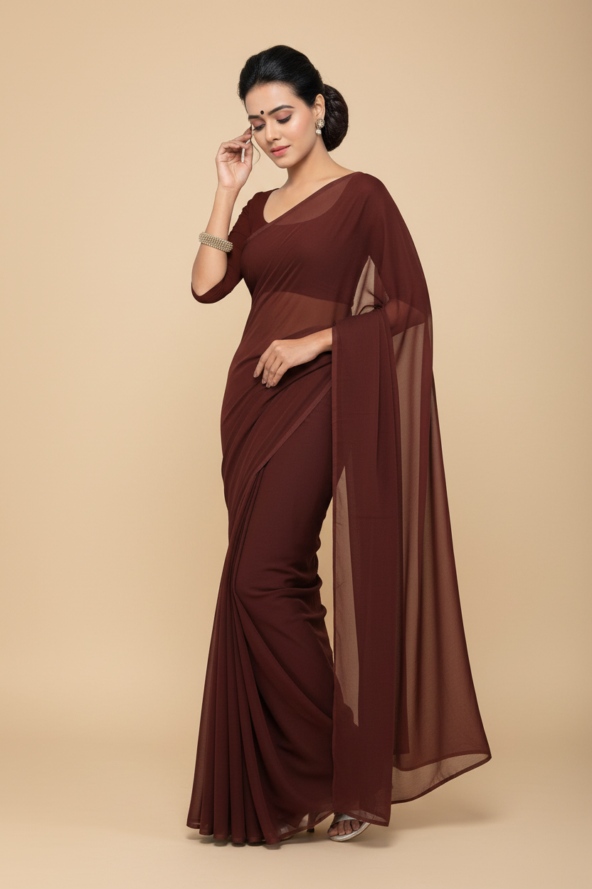 Snuggle Spot Women's Georgette Plain Saree With Blouse (Coffee, 5-6 Mtrs)