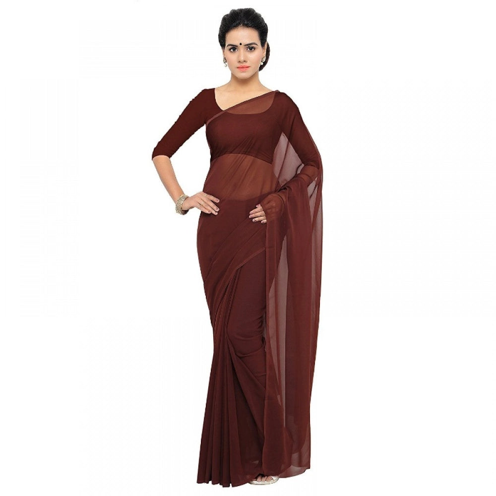 Snuggle Spot Women's Georgette Plain Saree With Blouse (Coffee, 5-6 Mtrs)
