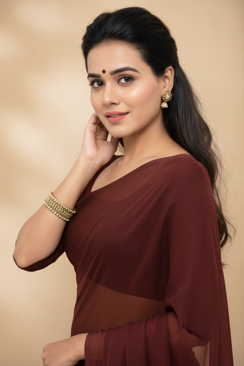Snuggle Spot Women's Georgette Plain Saree With Blouse (Coffee, 5-6 Mtrs)