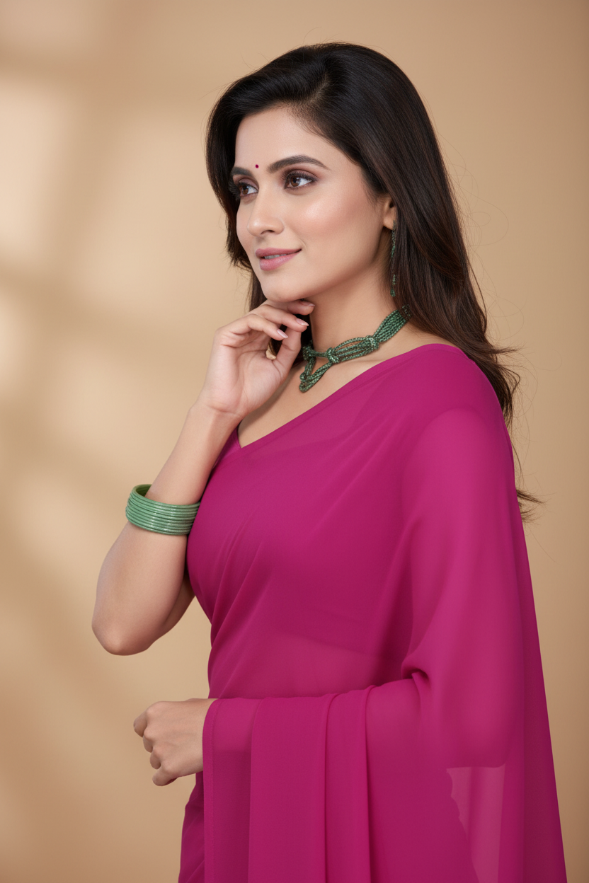 Snuggle Spot Women's Georgette Plain Saree With Blouse (Wine, 5-6 Mtrs)