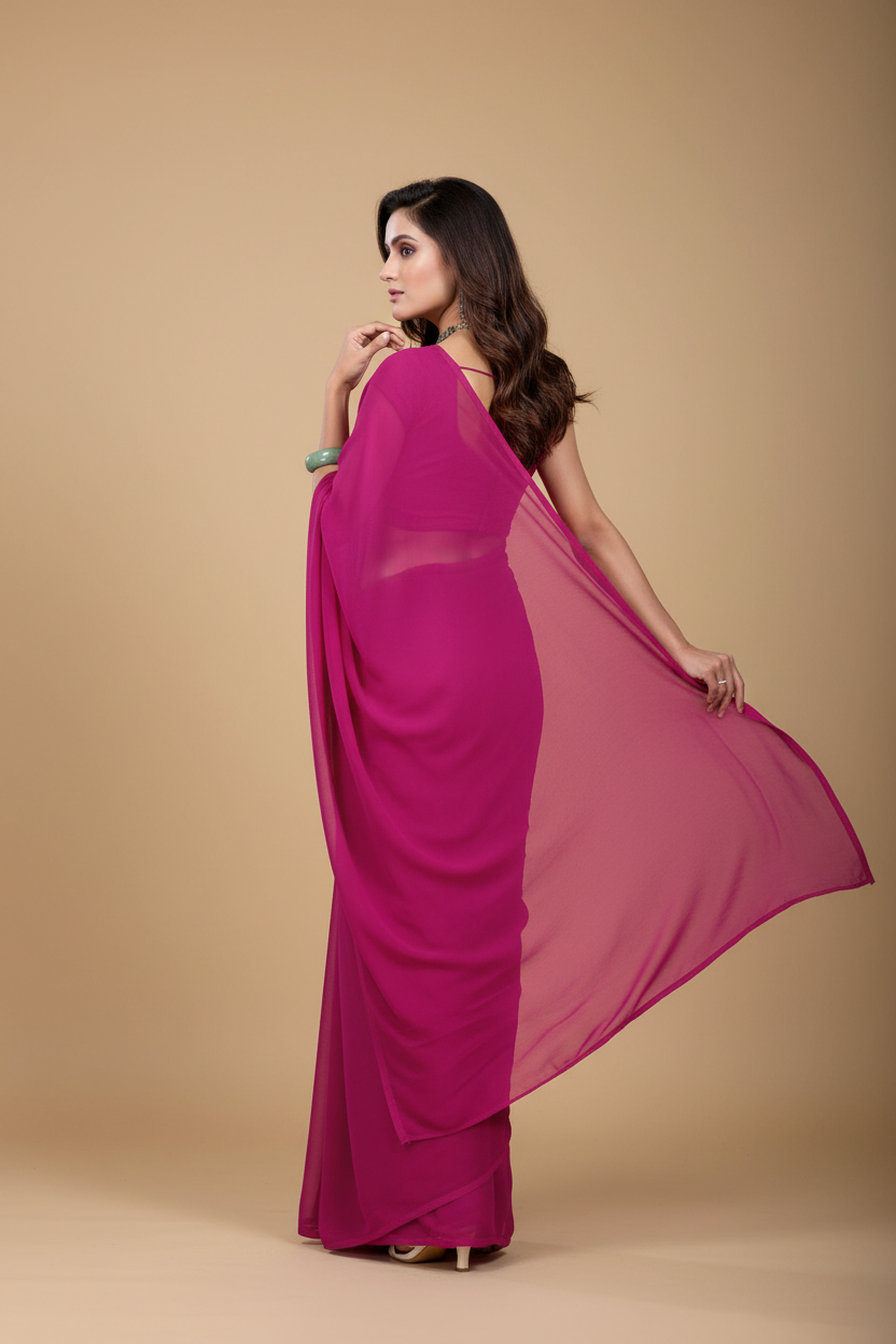 Snuggle Spot Women's Georgette Plain Saree With Blouse (Wine, 5-6 Mtrs)