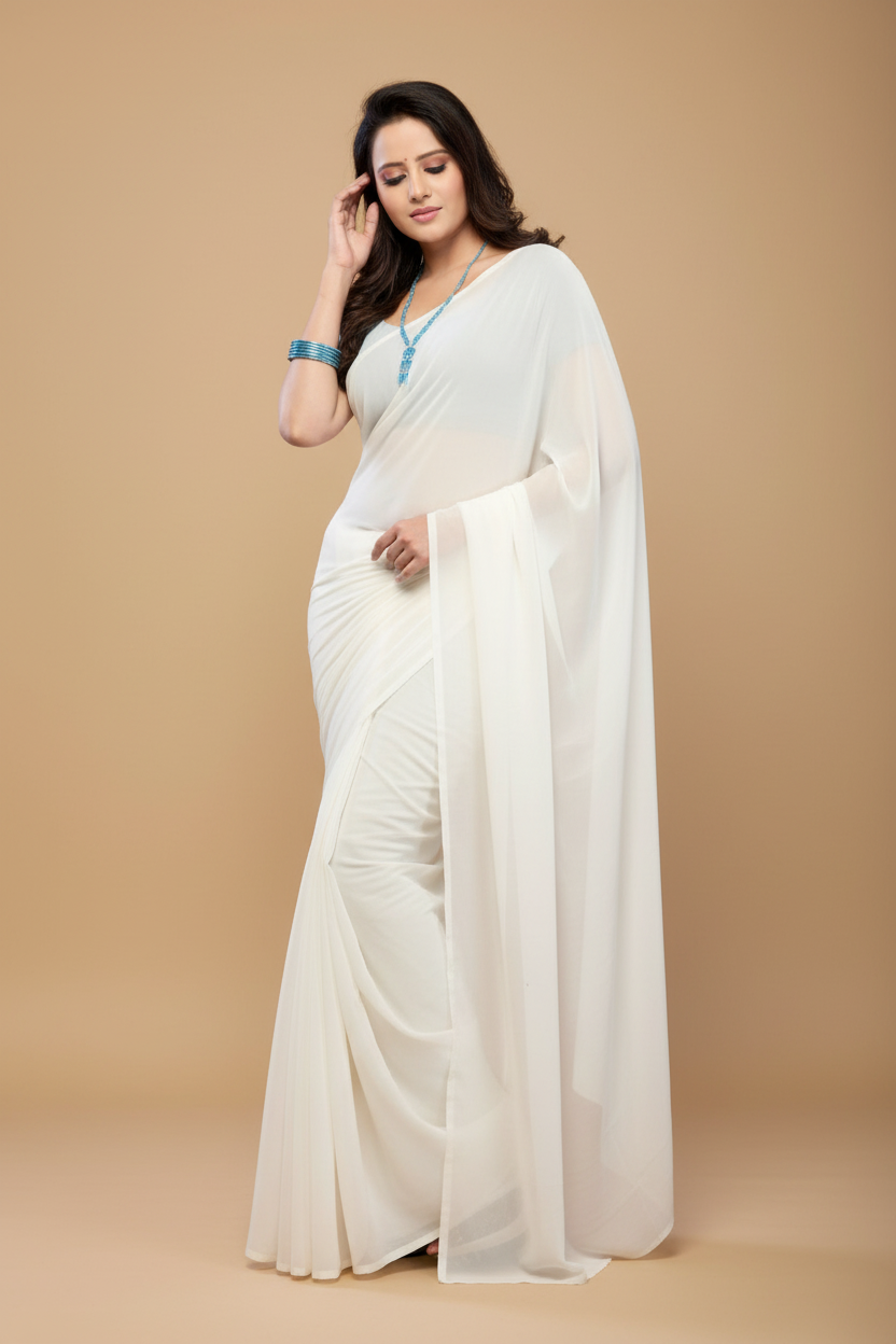 Snuggle Spot Women's Georgette Plain Saree With Blouse (white, 5-6 Mtrs)