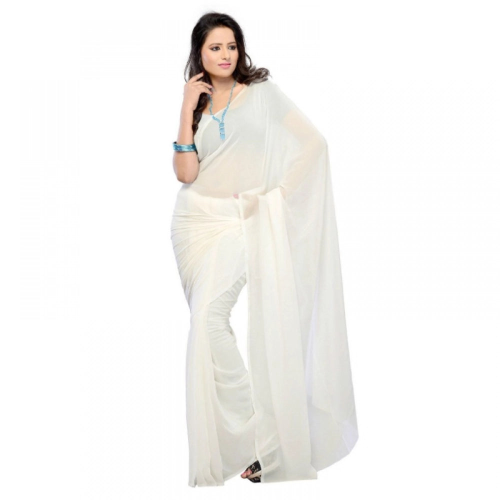 Snuggle Spot Women's Georgette Plain Saree With Blouse (white, 5-6 Mtrs)
