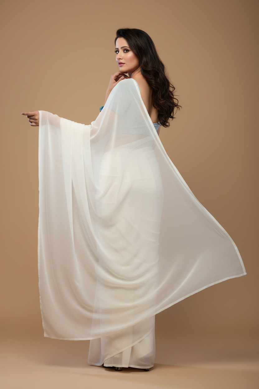 Snuggle Spot Women's Georgette Plain Saree With Blouse (white, 5-6 Mtrs)
