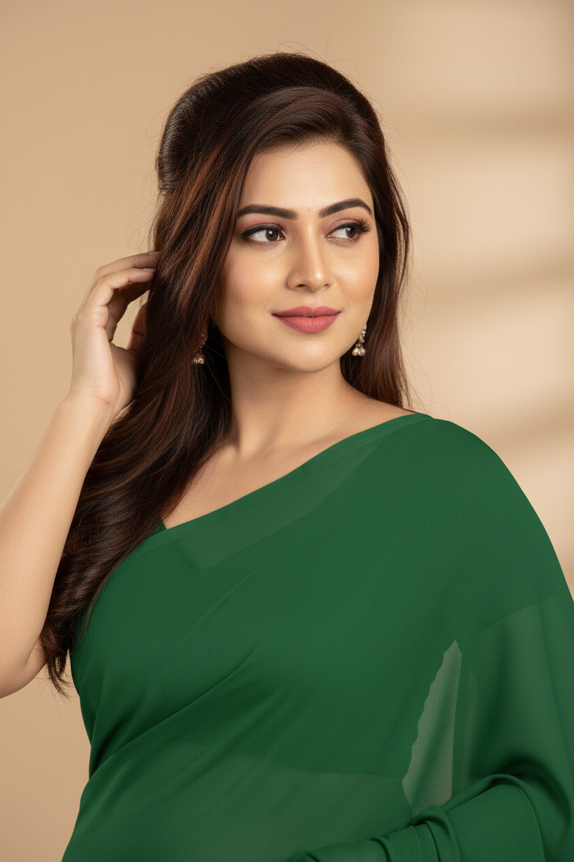 Snuggle Spot Women's Georgette Plain Saree With Blouse (Dark Green, 5-6 Mtrs)