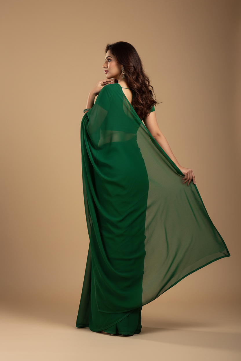 Snuggle Spot Women's Georgette Plain Saree With Blouse (Dark Green, 5-6 Mtrs)