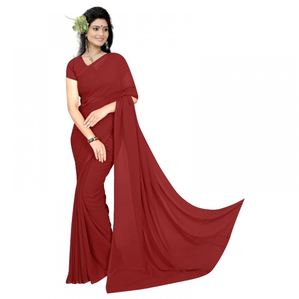 Snuggle Spot Women's Georgette Plain Saree With Blouse (Maroon, 5-6 Mtrs)
