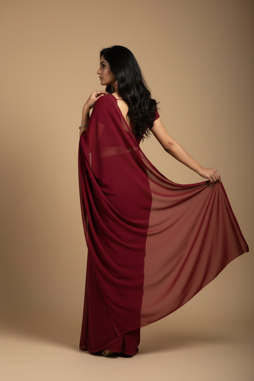 Snuggle Spot Women's Georgette Plain Saree With Blouse (Maroon, 5-6 Mtrs)