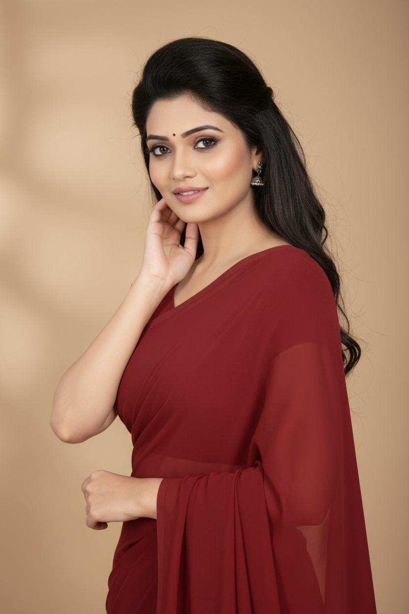 Snuggle Spot Women's Georgette Plain Saree With Blouse (Maroon, 5-6 Mtrs)