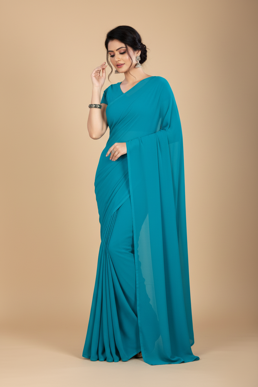 Snuggle Spot Women's Georgette Plain Saree With Blouse (Dark Firozi, 5-6 Mtrs)
