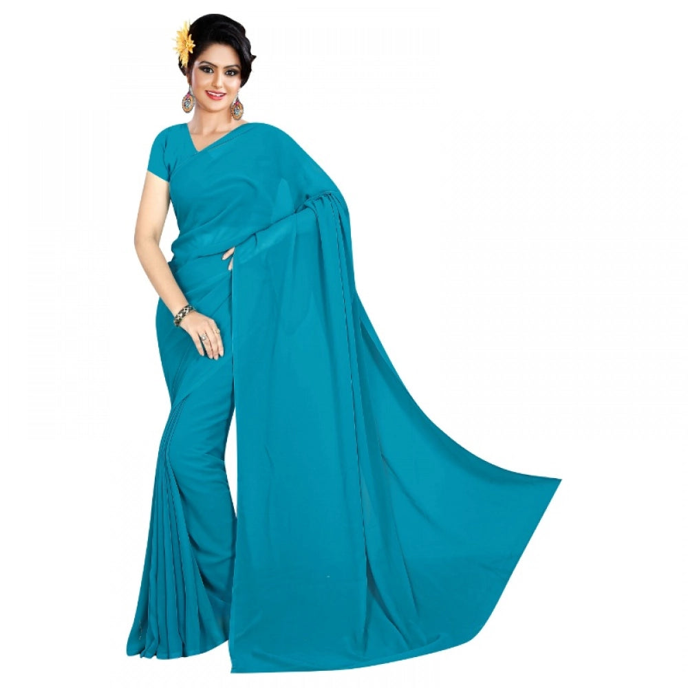 Snuggle Spot Women's Georgette Plain Saree With Blouse (Dark Firozi, 5-6 Mtrs)