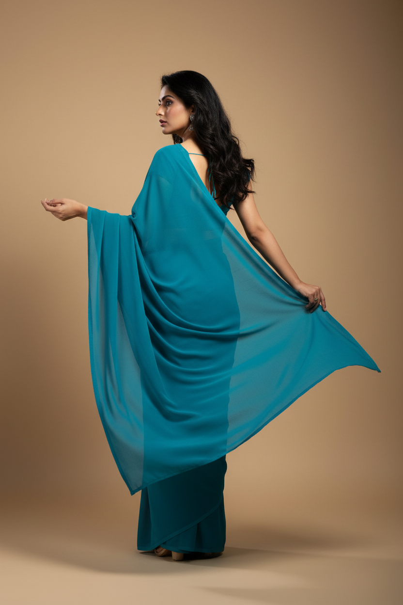 Snuggle Spot Women's Georgette Plain Saree With Blouse (Dark Firozi, 5-6 Mtrs)