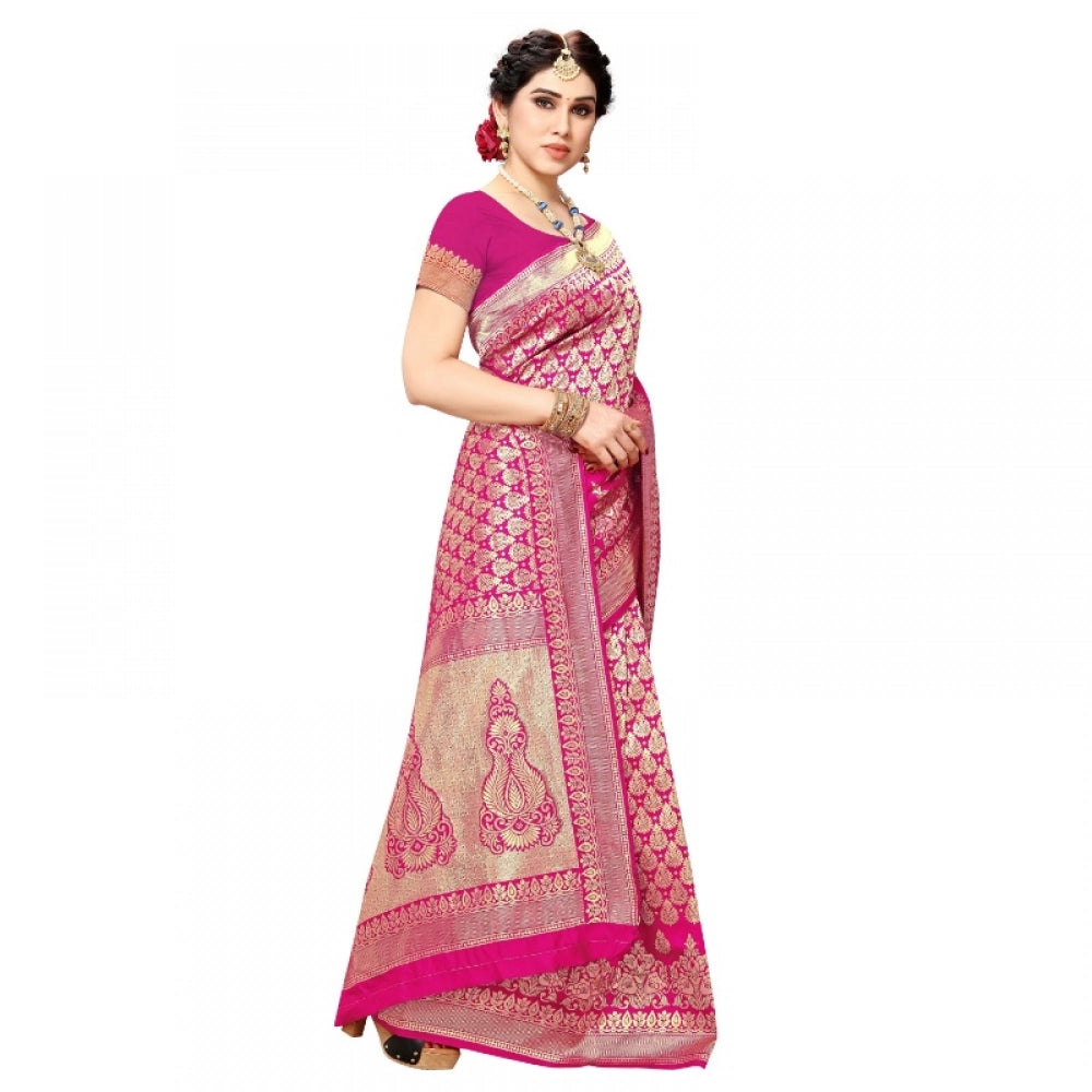 Snuggle Spot Women's Jacquard Silk Kanjivaram Jacquard Silk Saree With Blouse (Pink, 5-6 Mtrs)