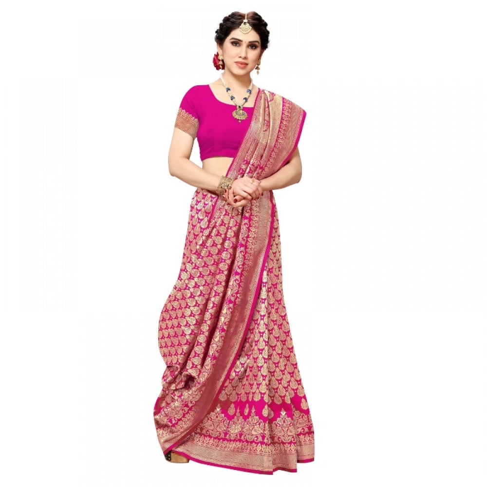 Snuggle Spot Women's Jacquard Silk Kanjivaram Jacquard Silk Saree With Blouse (Pink, 5-6 Mtrs)