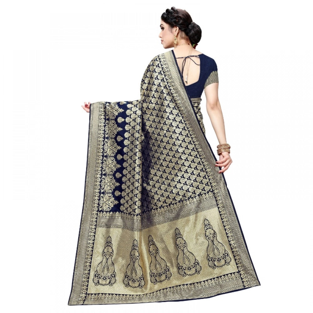 Snuggle Spot Women's Jacquard Silk Kanjivaram Jacquard Silk Saree With Blouse (Navy Blue, 5-6 Mtrs)