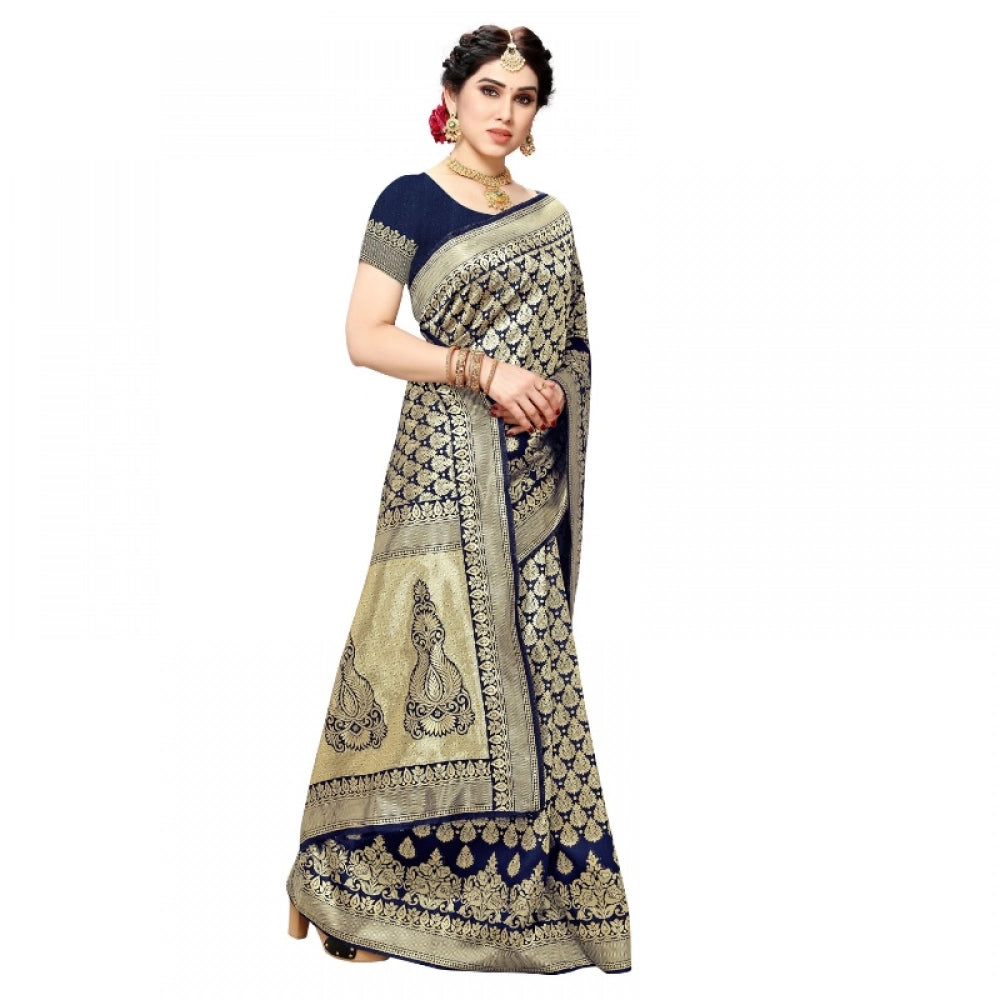 Snuggle Spot Women's Jacquard Silk Kanjivaram Jacquard Silk Saree With Blouse (Navy Blue, 5-6 Mtrs)