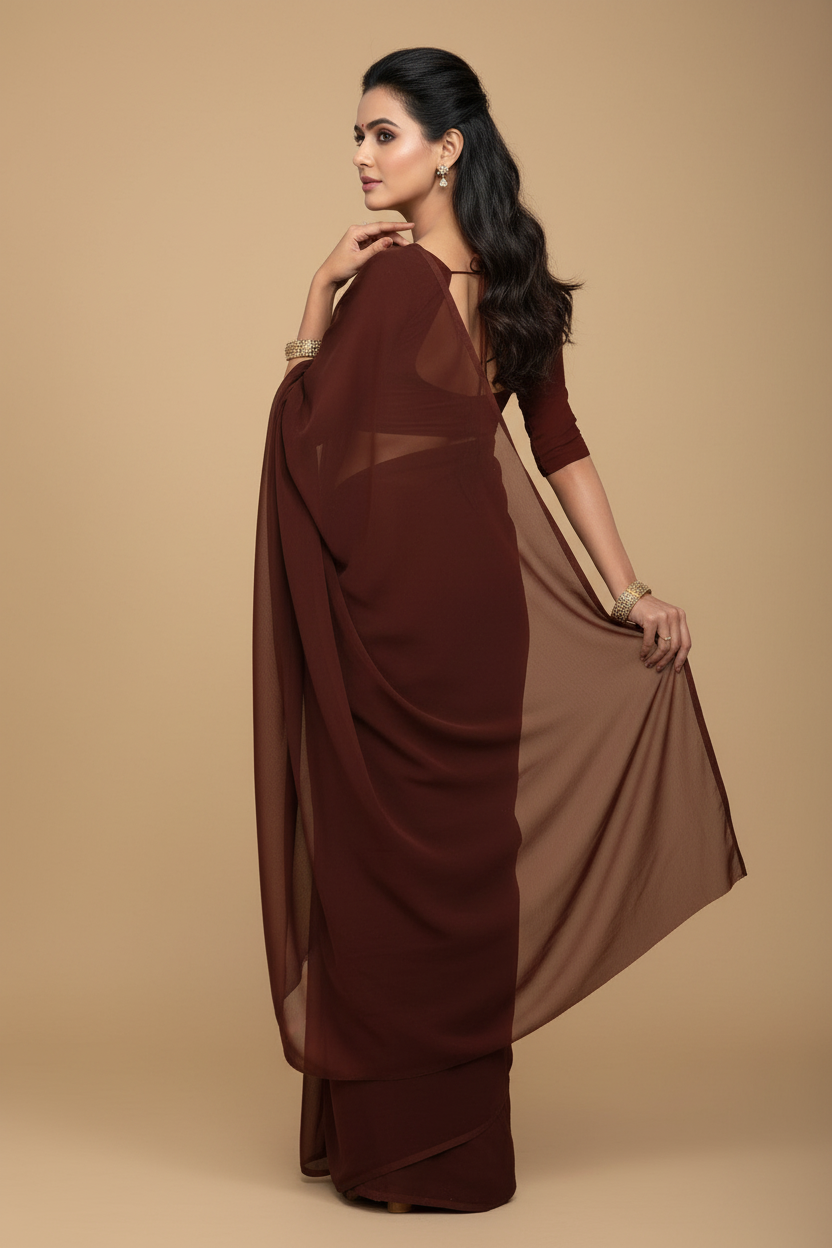 Snuggle Spot Women's Georgette Plain Saree With Blouse (Coffee, 5-6 Mtrs)