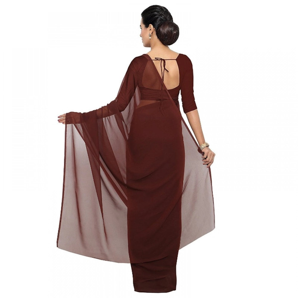 Snuggle Spot Women's Georgette Plain Saree With Blouse (Coffee, 5-6 Mtrs)