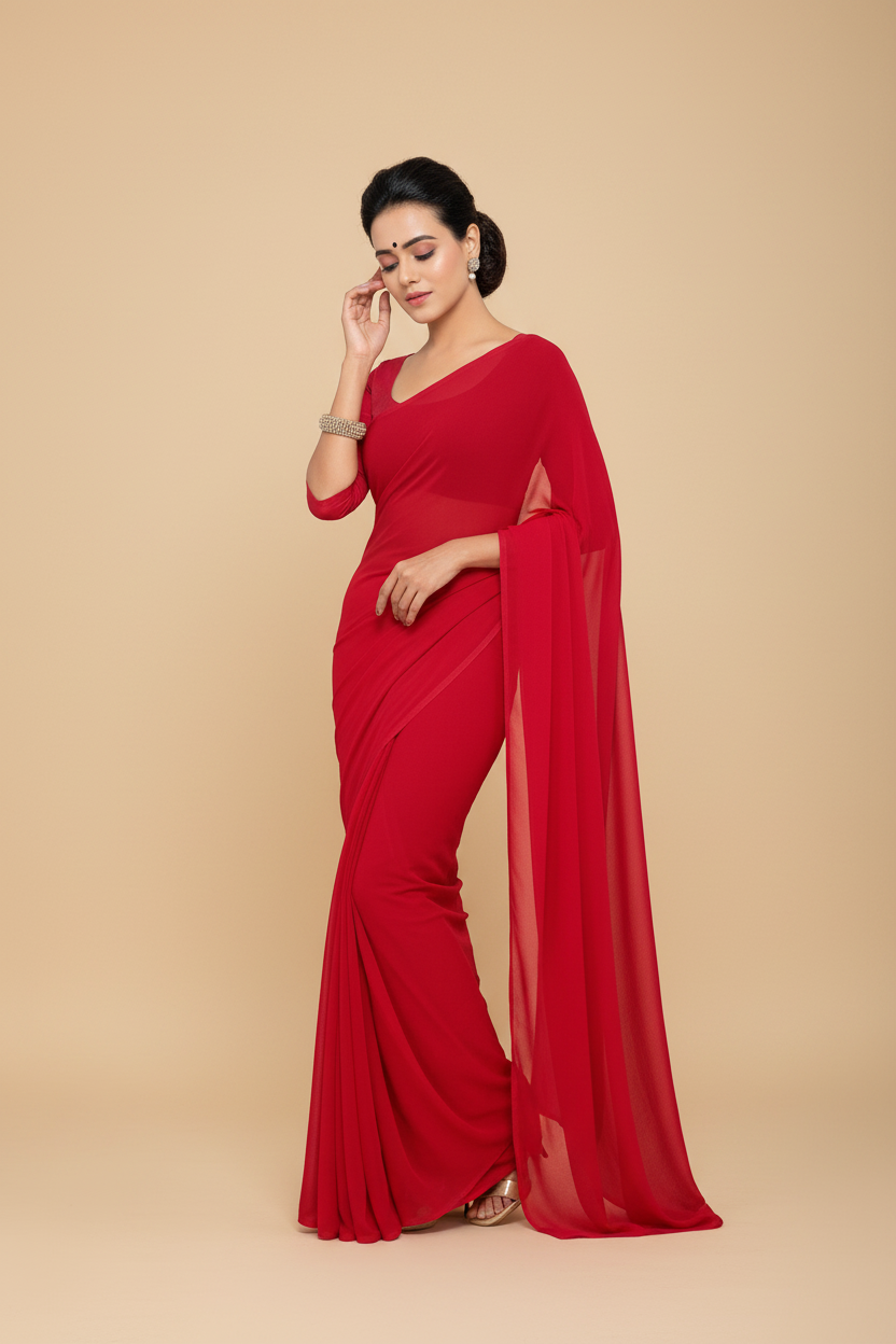 Snuggle Spot Women's Georgette Plain Saree With Blouse (Red, 5-6 Mtrs)