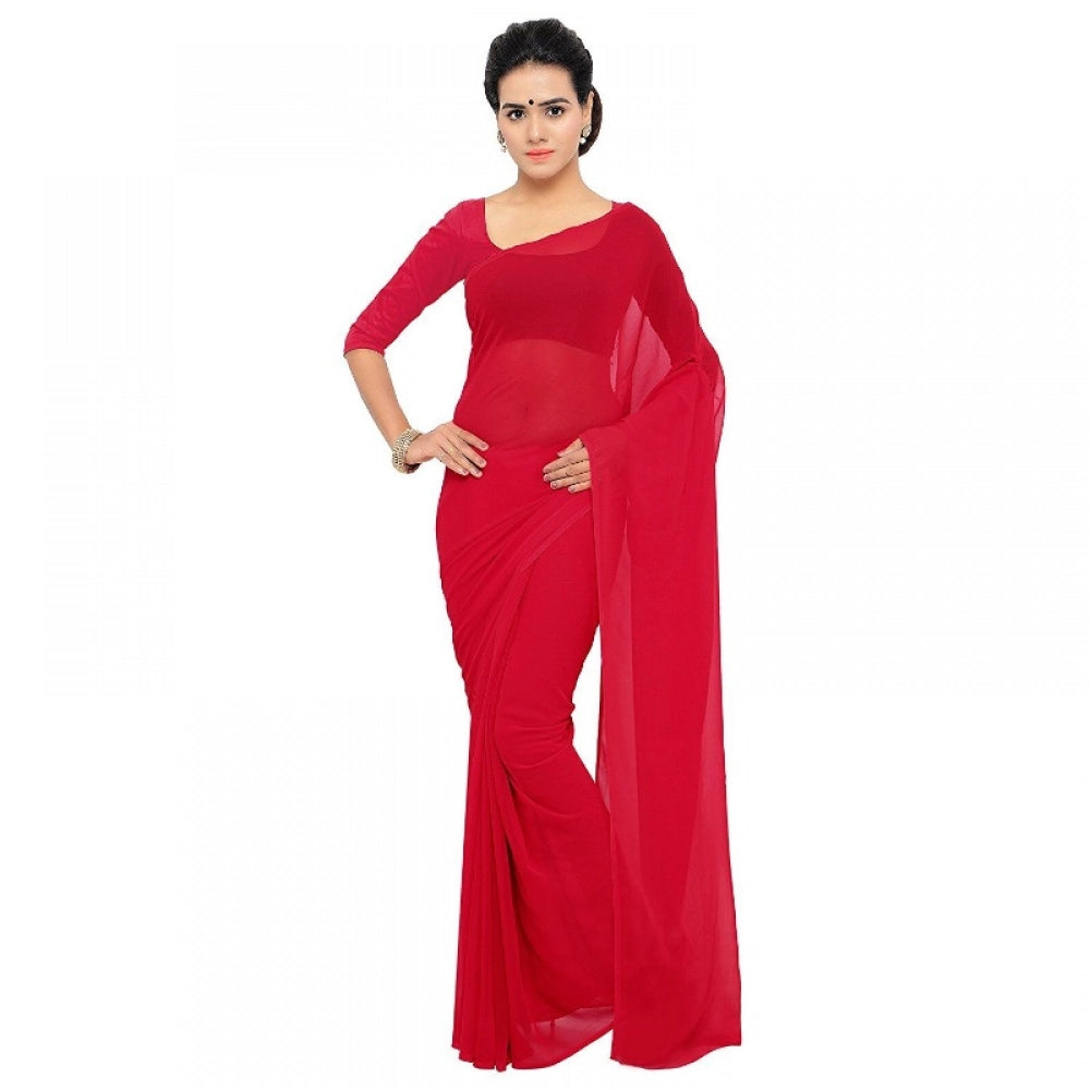 Snuggle Spot Women's Georgette Plain Saree With Blouse (Red, 5-6 Mtrs)