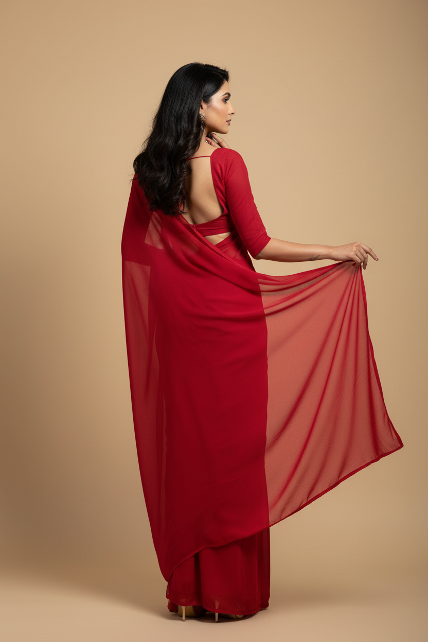 Snuggle Spot Women's Georgette Plain Saree With Blouse (Red, 5-6 Mtrs)