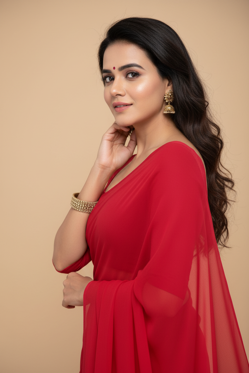 Snuggle Spot Women's Georgette Plain Saree With Blouse (Red, 5-6 Mtrs)