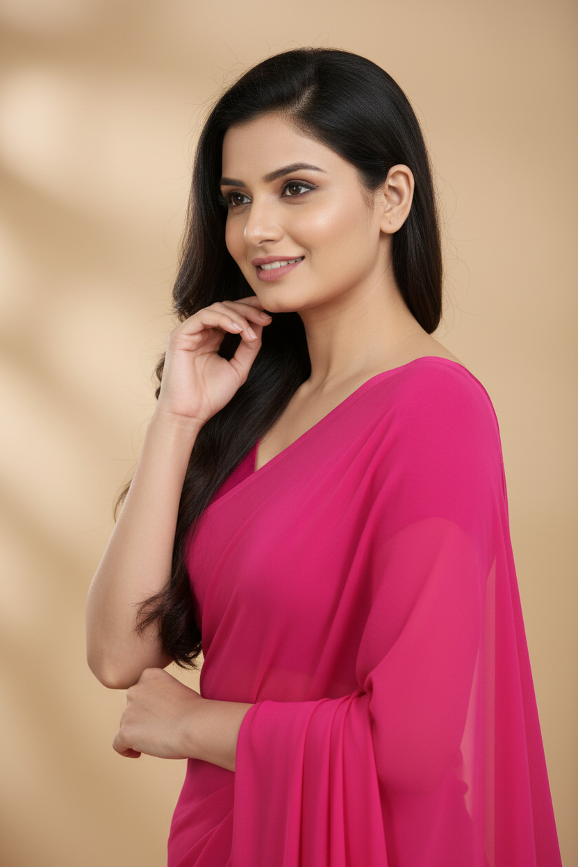 Snuggle Spot Women's Georgette Plain Saree With Blouse (Pink, 5-6 Mtrs)