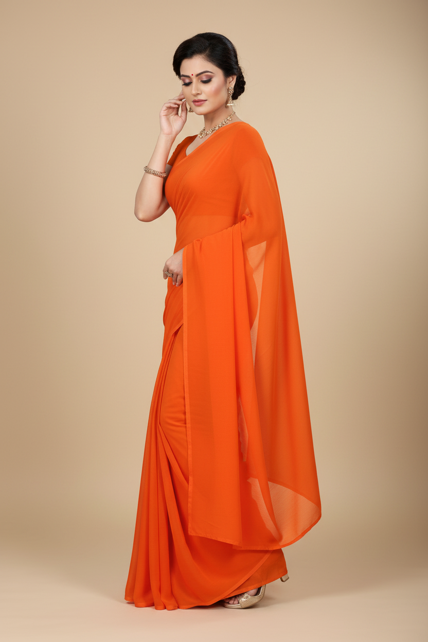 Snuggle Spot Women's Georgette Plain Saree With Blouse (Orange, 5-6 Mtrs)