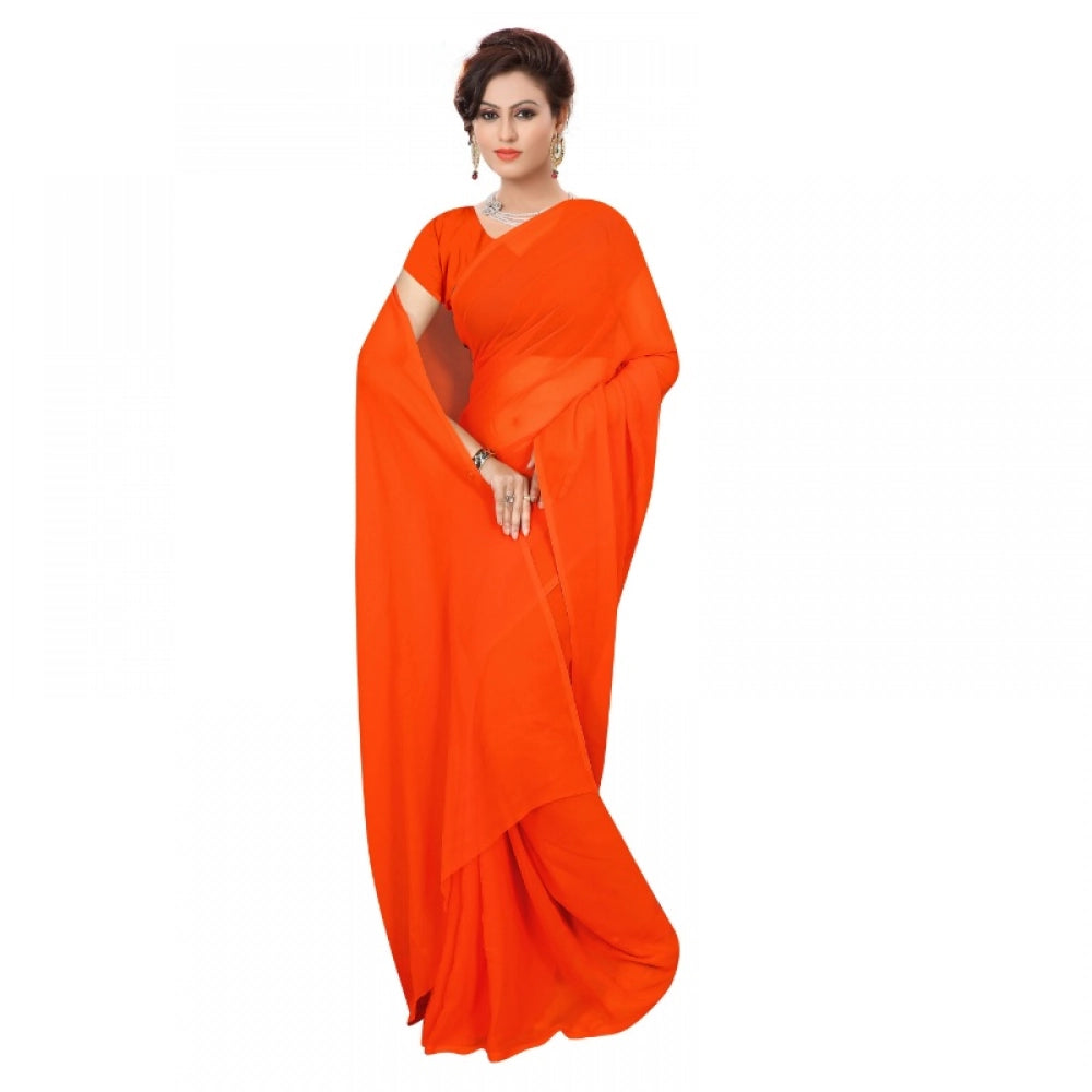 Snuggle Spot Women's Georgette Plain Saree With Blouse (Orange, 5-6 Mtrs)