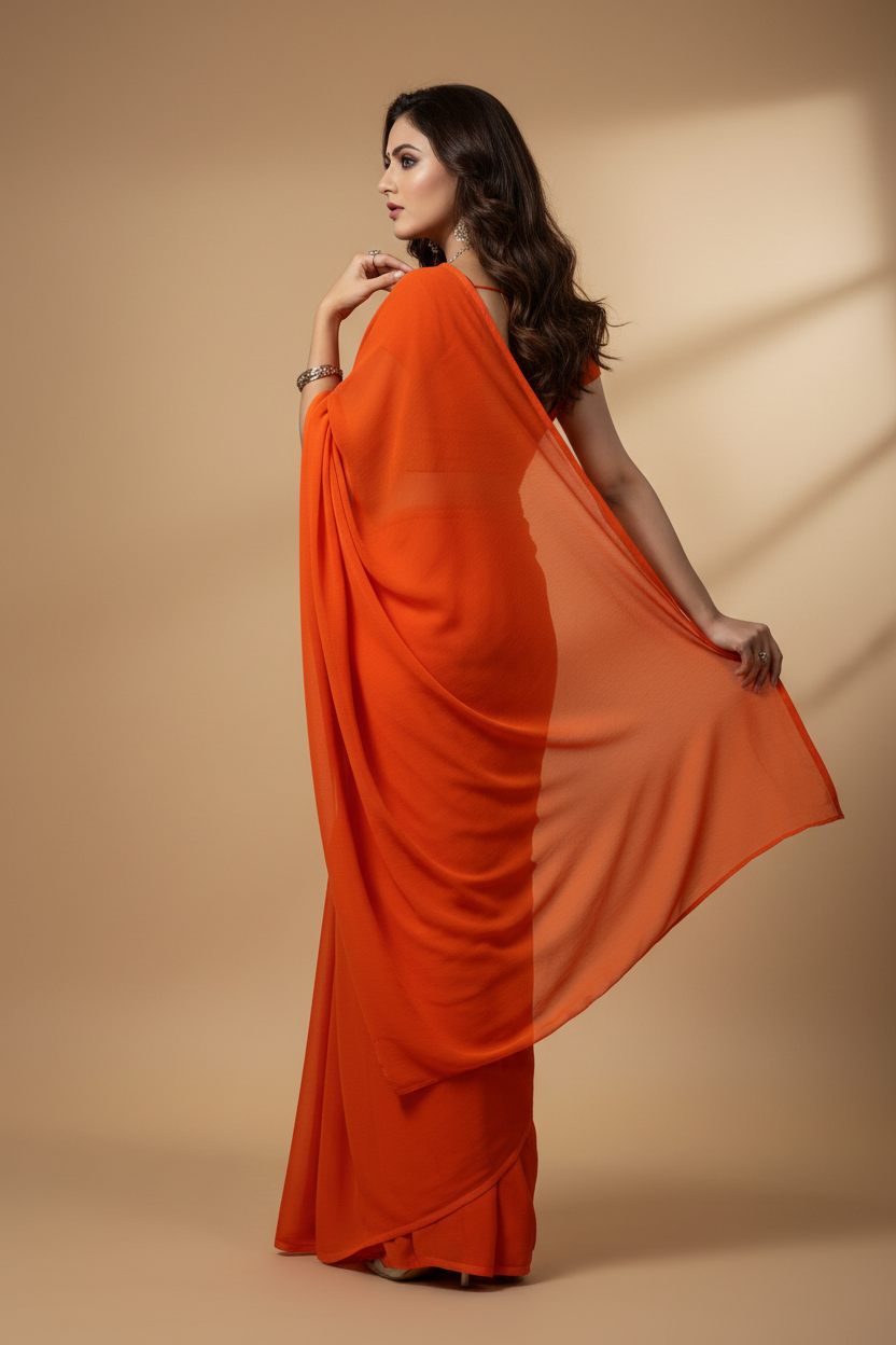 Snuggle Spot Women's Georgette Plain Saree With Blouse (Orange, 5-6 Mtrs)