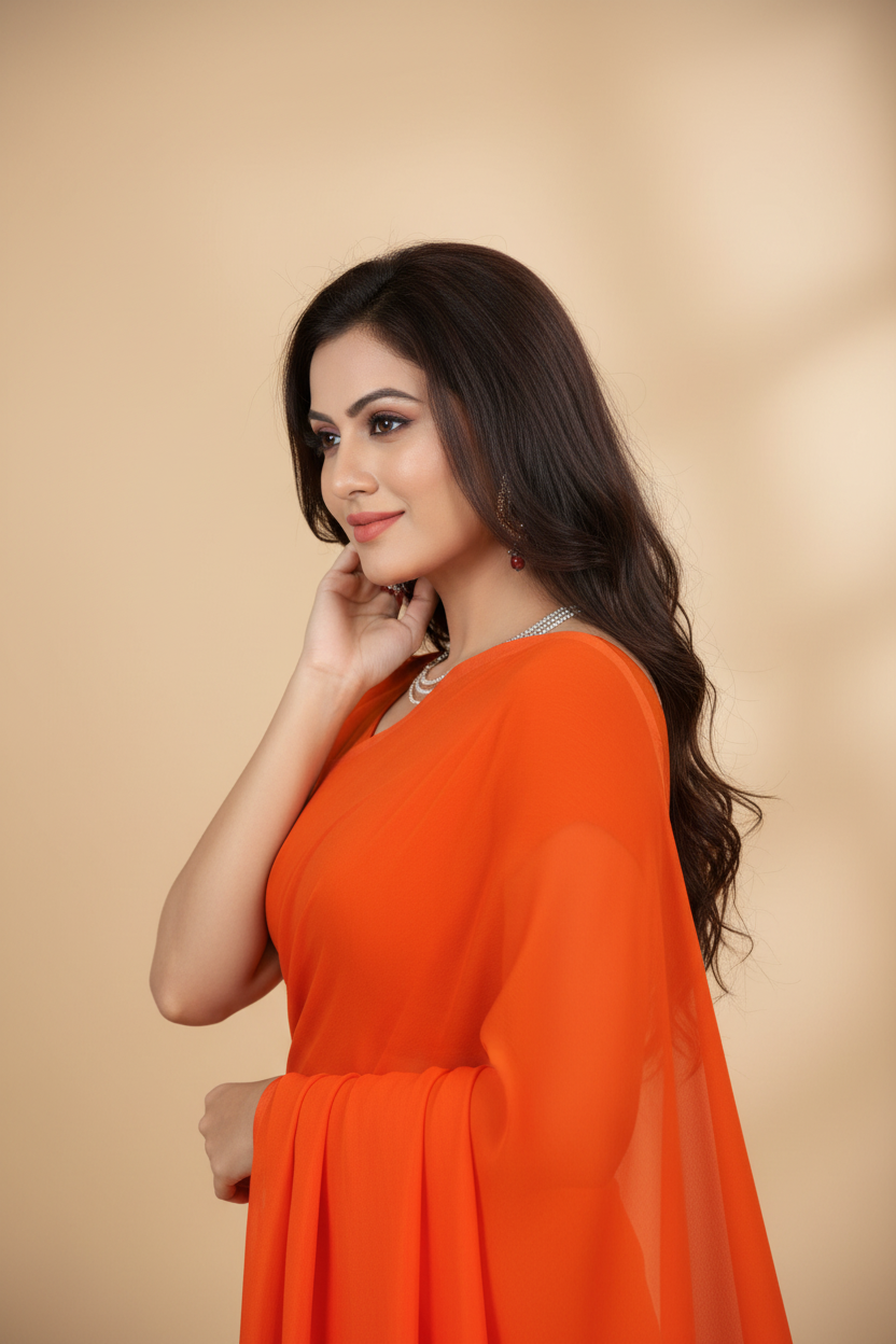 Snuggle Spot Women's Georgette Plain Saree With Blouse (Orange, 5-6 Mtrs)