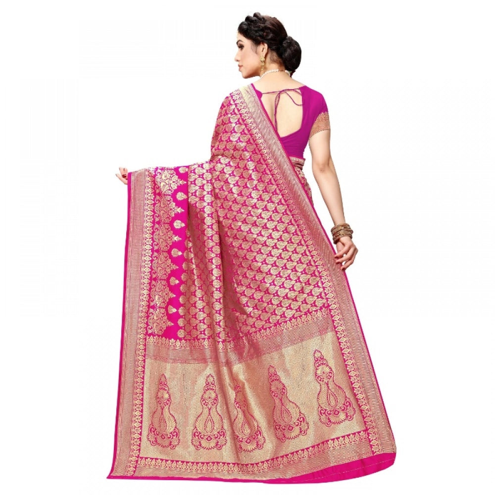 Snuggle Spot Women's Jacquard Silk Kanjivaram Jacquard Silk Saree With Blouse (Pink, 5-6 Mtrs)