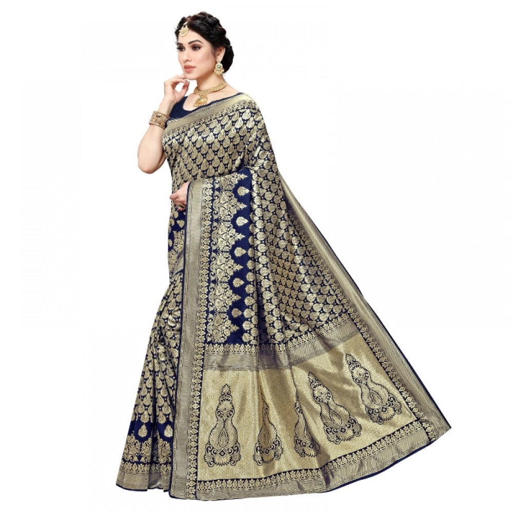 Snuggle Spot Women's Jacquard Silk Kanjivaram Jacquard Silk Saree With Blouse (Navy Blue, 5-6 Mtrs)