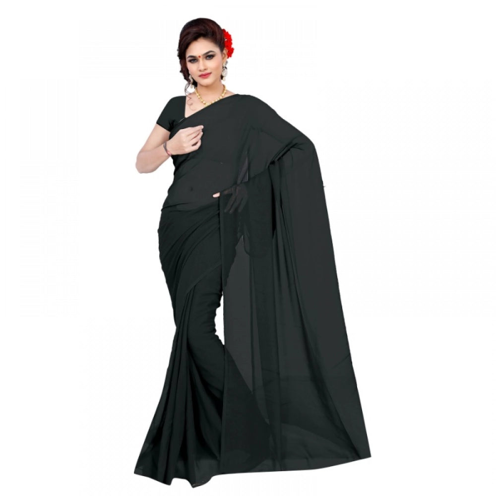 Snuggle Spot Women's Georgette Plain Saree With Blouse (Black, 5-6 Mtrs)