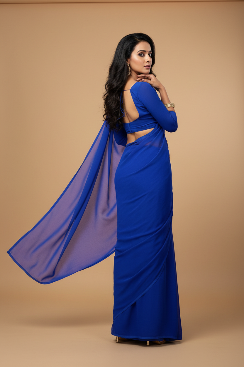 Snuggle Spot Women's Georgette Plain Saree With Blouse (Royal Blue, 5-6 Mtrs)