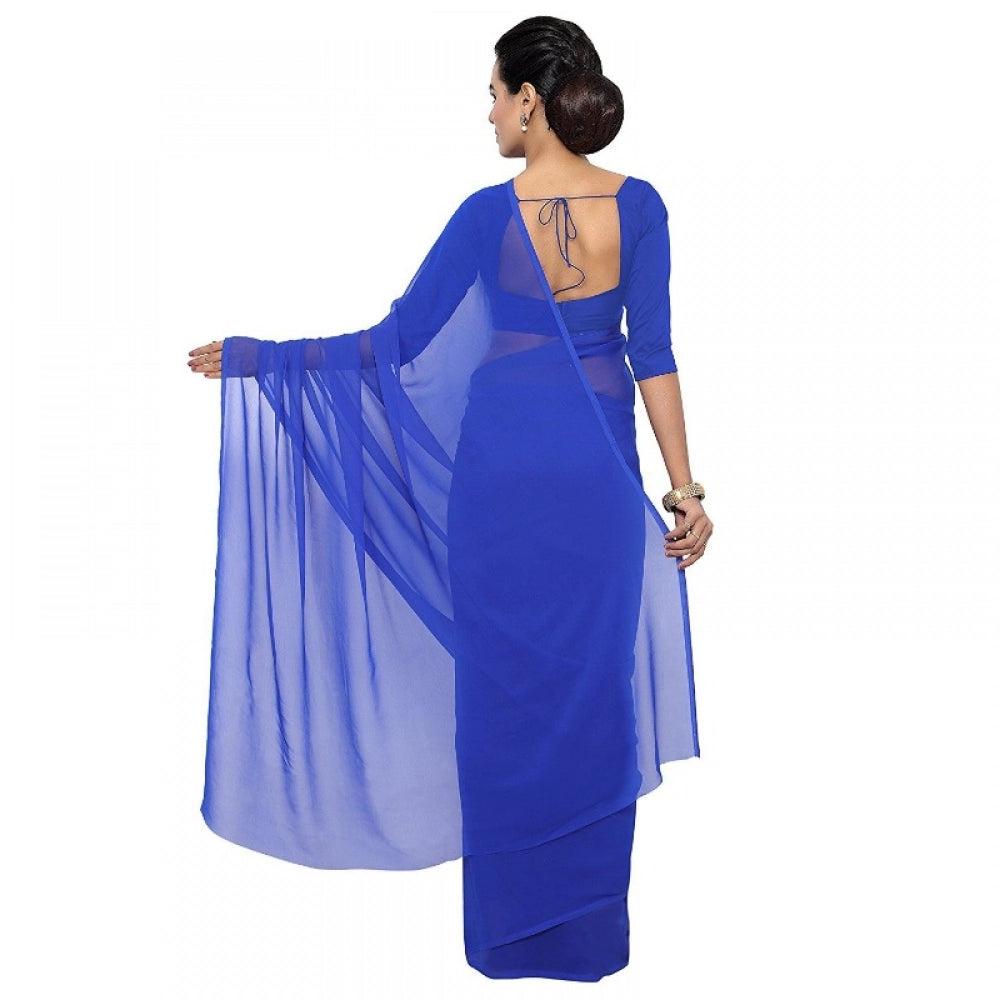 Snuggle Spot Women's Georgette Plain Saree With Blouse (Royal Blue, 5-6 Mtrs)