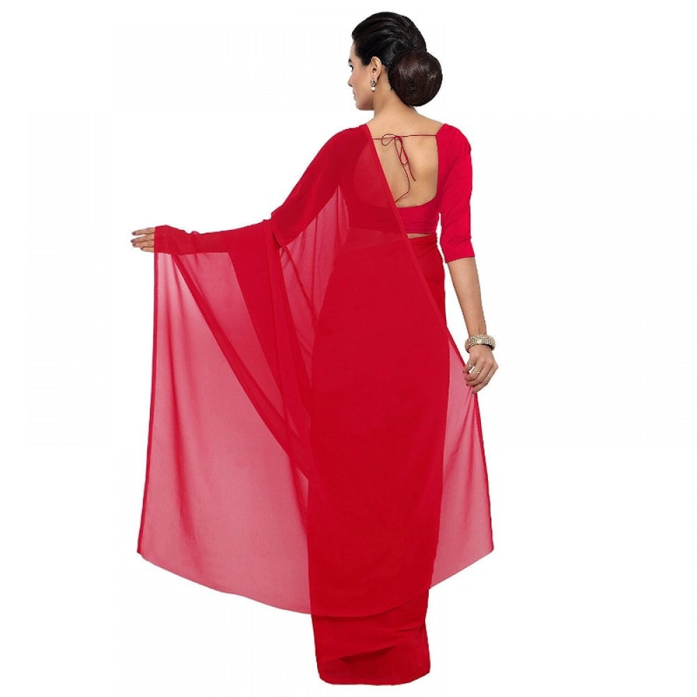 Snuggle Spot Women's Georgette Plain Saree With Blouse (Red, 5-6 Mtrs)