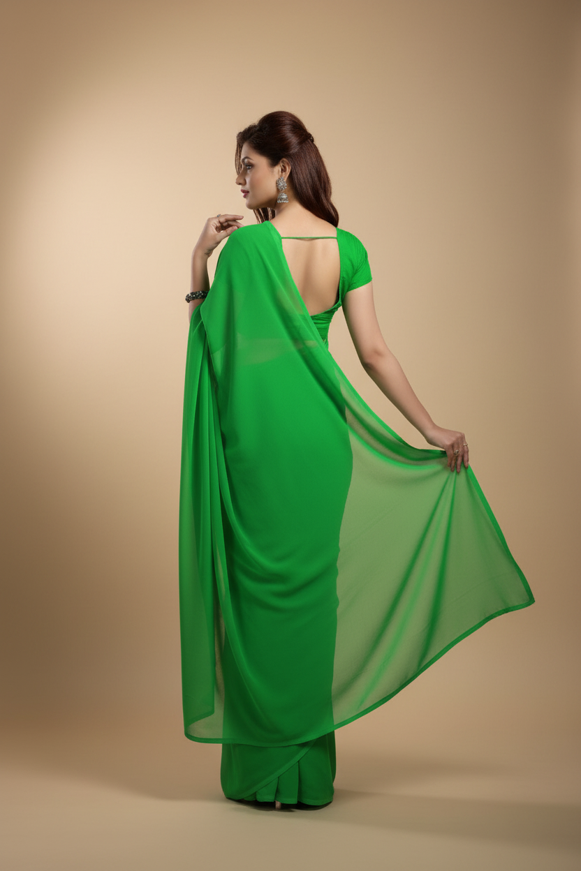 Snuggle Spot Women's Georgette Plain Saree With Blouse (parrot Green, 5-6 Mtrs)