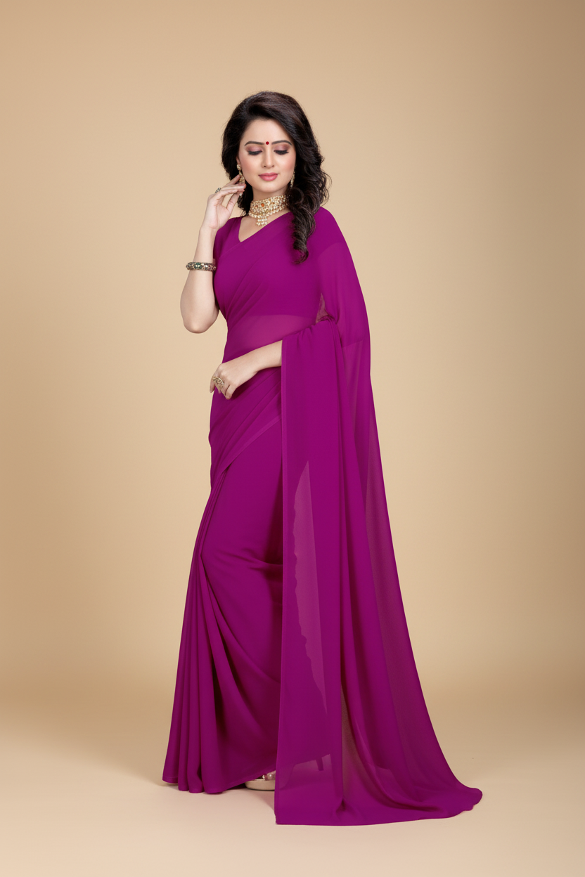Snuggle Spot Women's Georgette Plain Saree With Blouse (Jamli, 5-6 Mtrs)