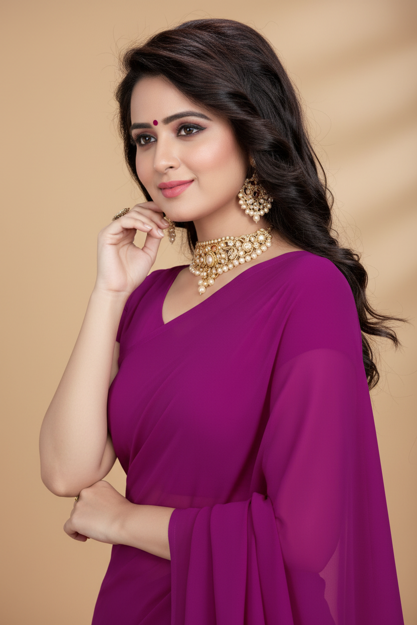 Snuggle Spot Women's Georgette Plain Saree With Blouse (Jamli, 5-6 Mtrs)