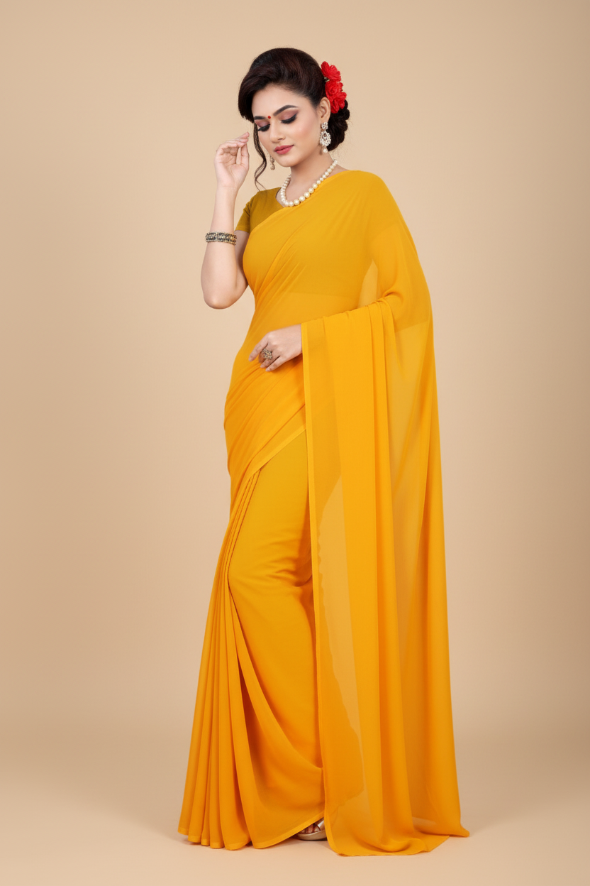 Snuggle Spot Women's Georgette Plain Saree With Blouse (Gold, 5-6 Mtrs)
